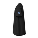 Black t-shirt with a logo on the sleeve against a white background