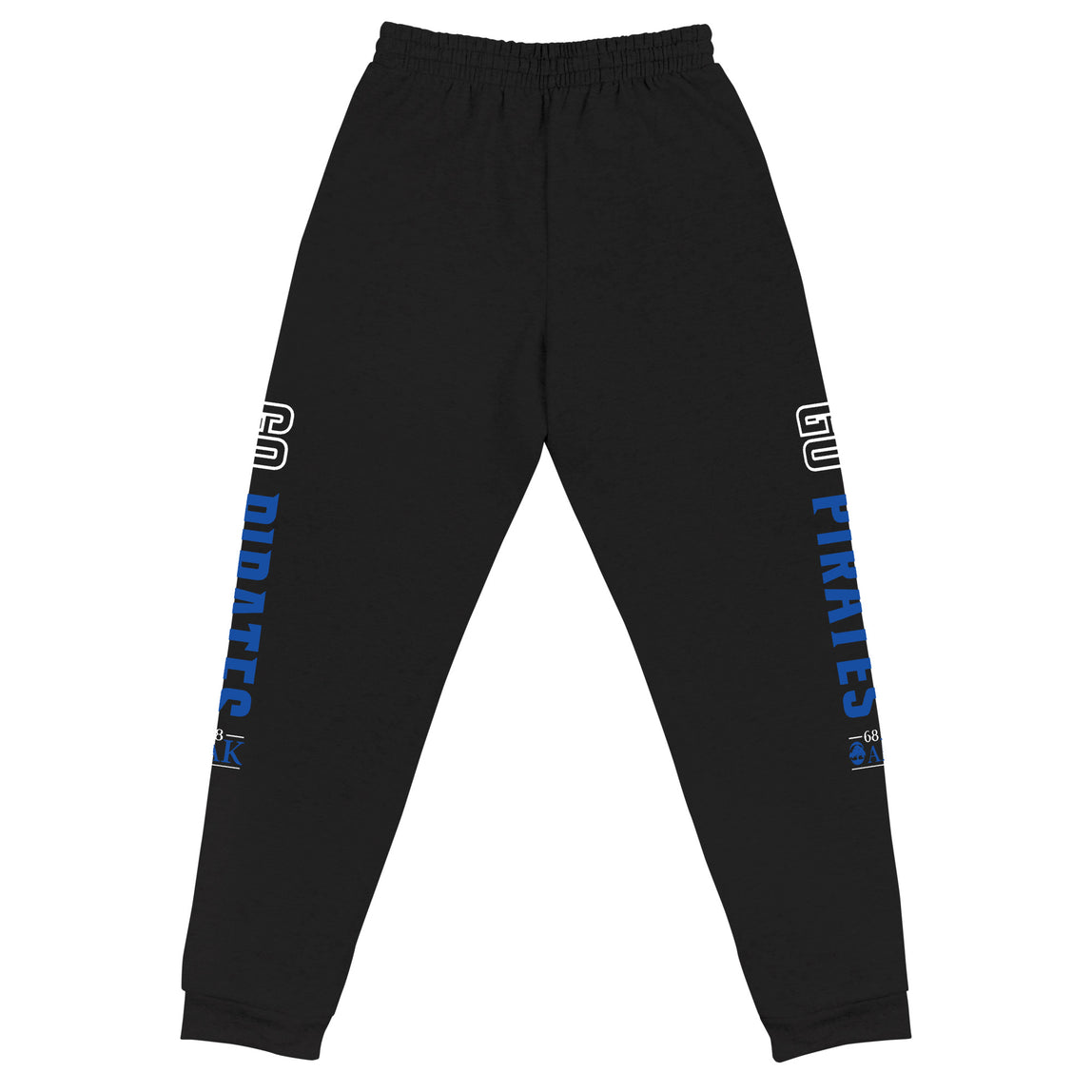 Black sweatpants with blue and white text on a white background
