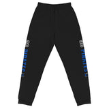 Black sweatpants with blue and white text on a white background