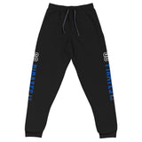 Black sweatpants with blue and white text on a white background