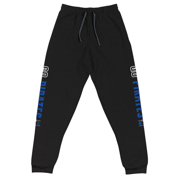 Black sweatpants with blue and white text on a white background