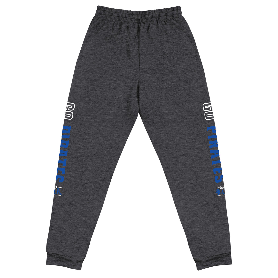 Unisex dark gray sweatpants with a blue and white Go Pirates logo on a white background