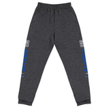 Unisex dark gray sweatpants with a blue and white Go Pirates logo on a white background