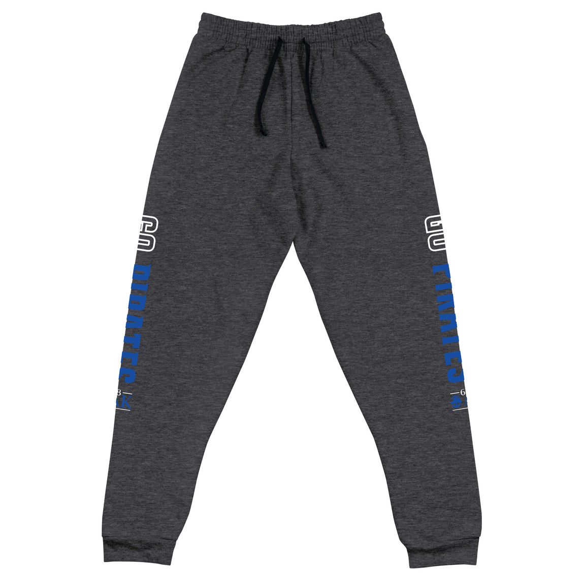 Unisex dark gray sweatpants with a blue and white Go Pirates logo on a white background