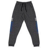 Unisex dark gray sweatpants with a blue and white Go Pirates logo on a white background