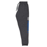Dark gray sweatpants with a blueGo Pirates logo on a white background