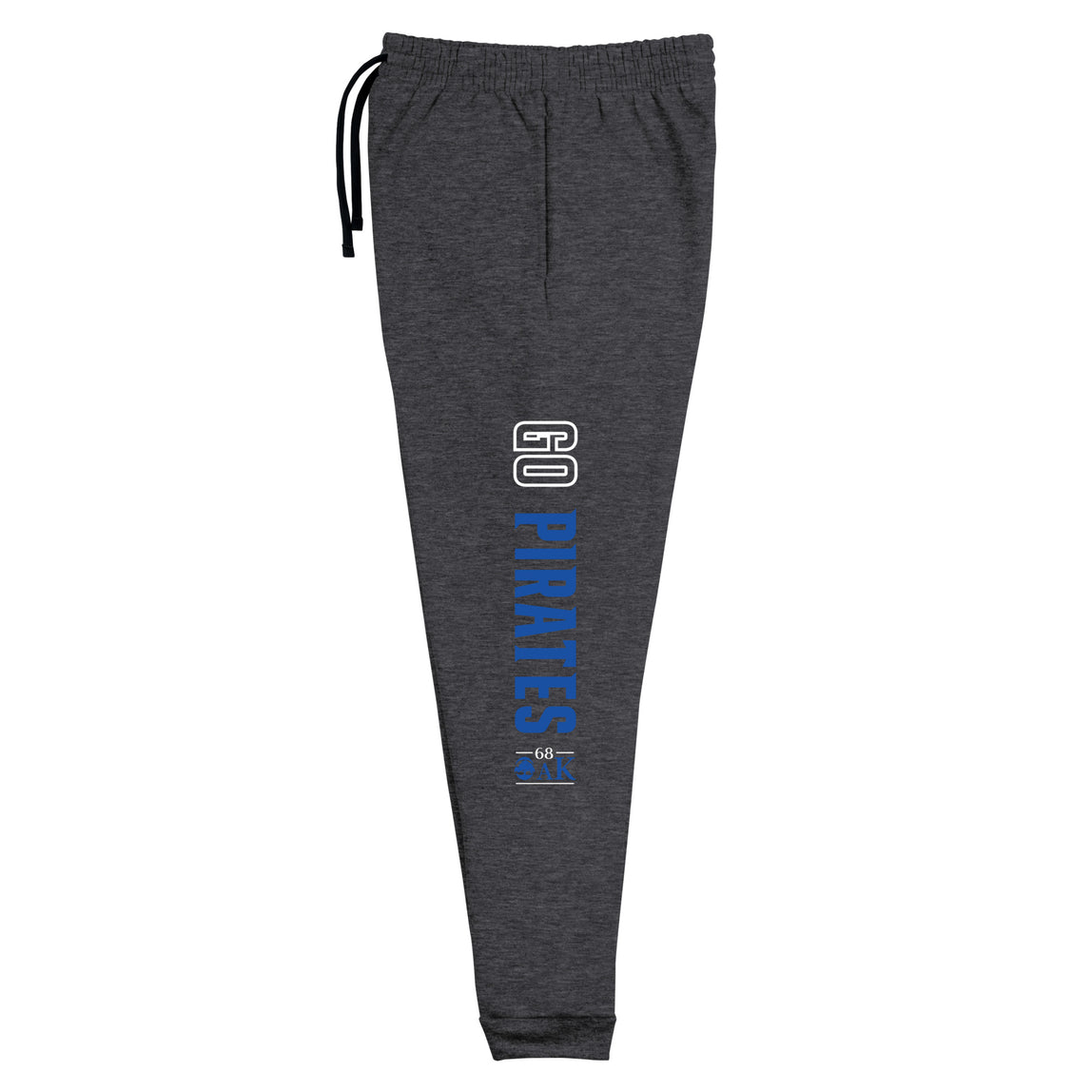 Side view of unisex dark gray joggers with a blue and white Go Pirates and 68 Oak logo on a white background