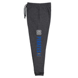 Side view of unisex dark gray joggers with a blue and white Go Pirates and 68 Oak logo on a white background