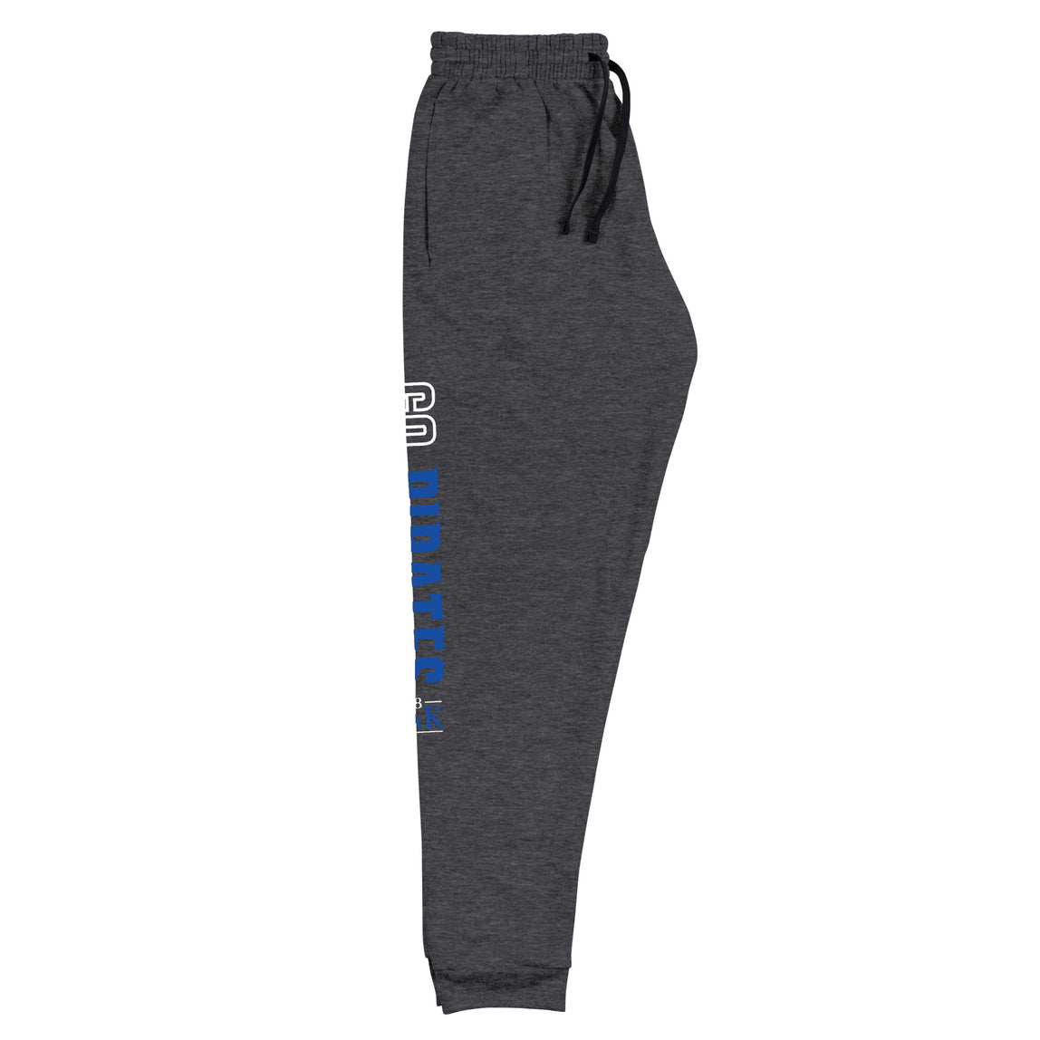 Dark gray sweatpants with a blueGo Pirates logo on a white background