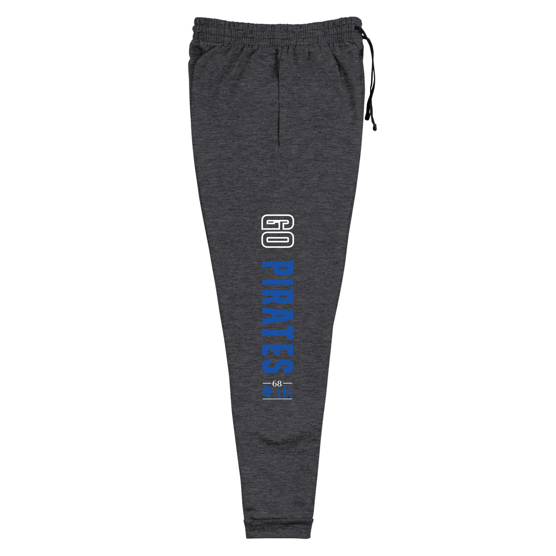 Side view of unisex dark gray joggers with a blue and white Go Pirates and 68 Oak logo on a white background