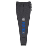Side view of unisex dark gray joggers with a blue and white Go Pirates and 68 Oak logo on a white background