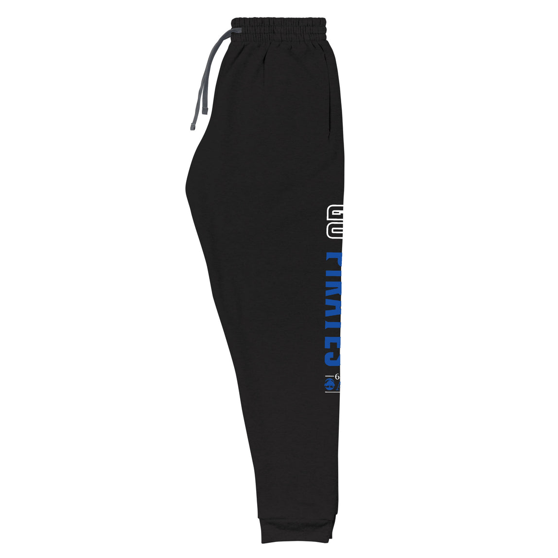 Side view of unisex black joggers with a blue and white Go Pirates and 68 Oak logo on a white background
