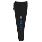 Black sweatpants with 'GO PIRATES' text on a white background