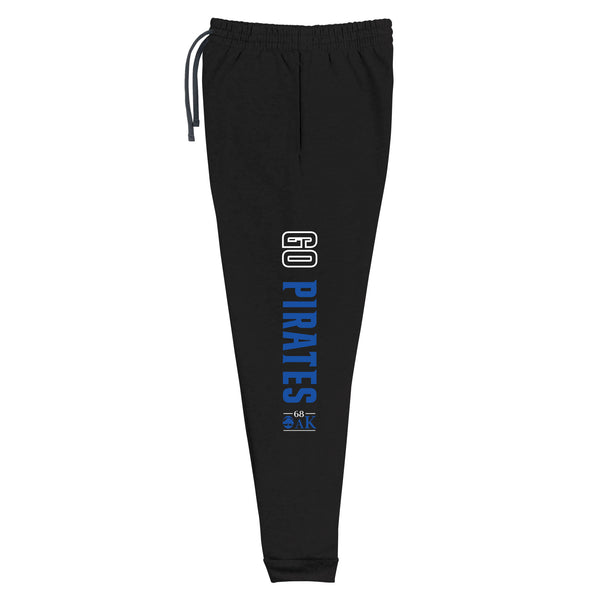 Black sweatpants with 'GO PIRATES' text on a white background