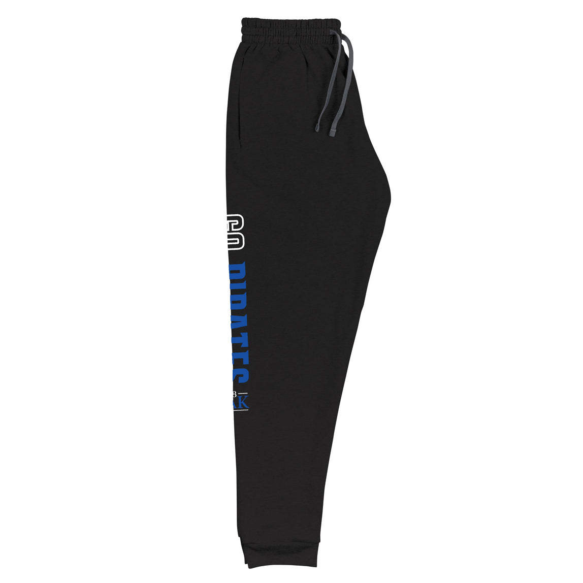 Black sweatpants with a logo on the side on a white background