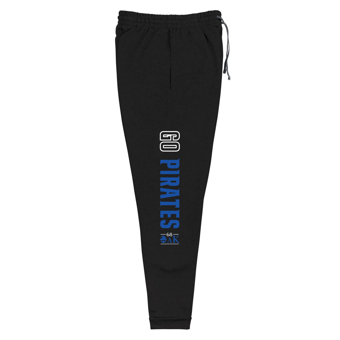 Black sweatpants with 'GO PIRATES' text on a white background