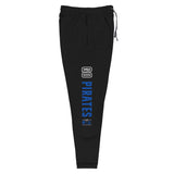 Black sweatpants with 'GO PIRATES' text on a white background