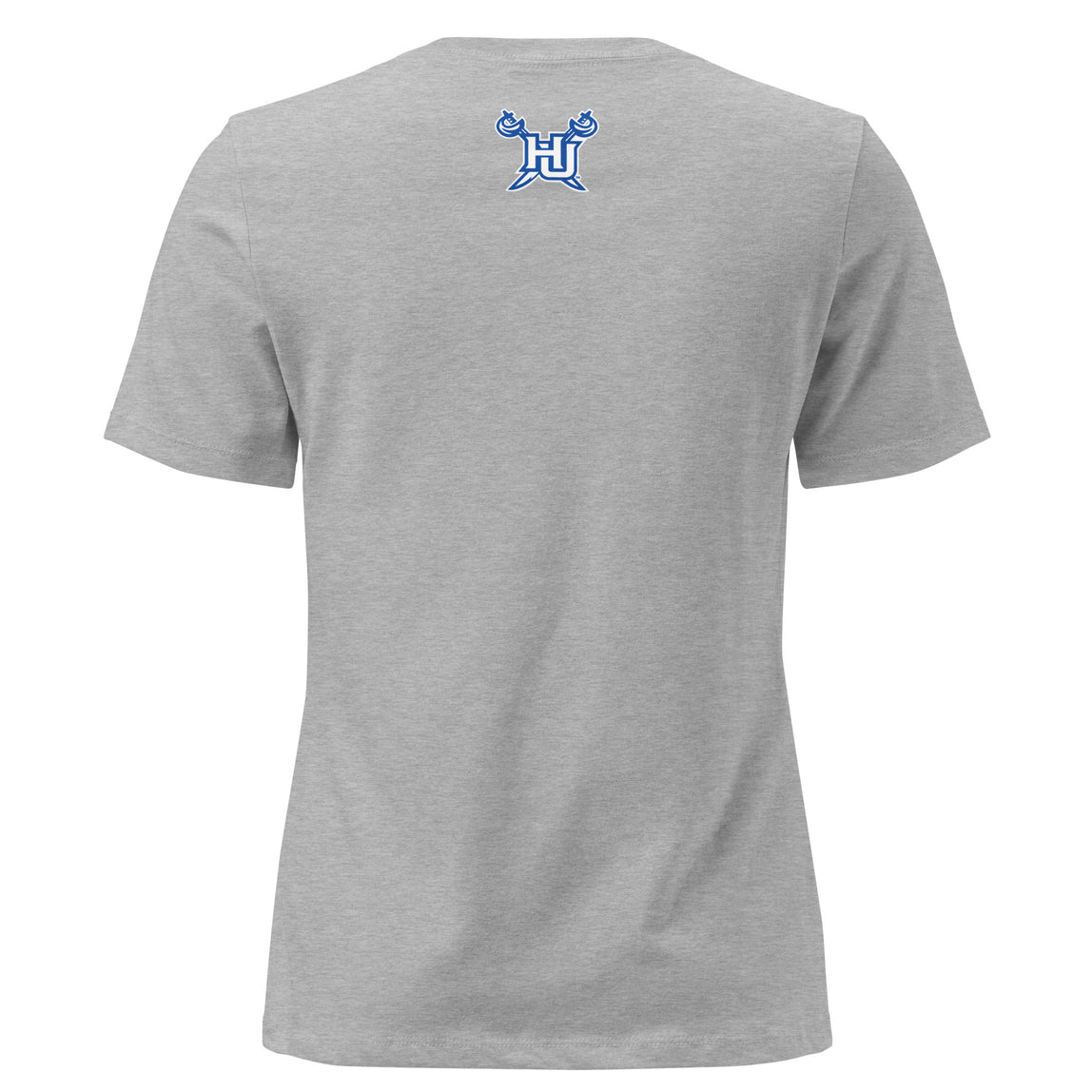 Gray t-shirt with a logo on the back against a white background