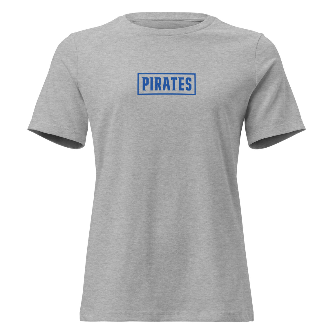 Gray t-shirt with 'PIRATES' text in blue on a white background