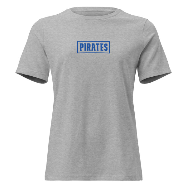 Gray t-shirt with 'PIRATES' text in blue on a white background