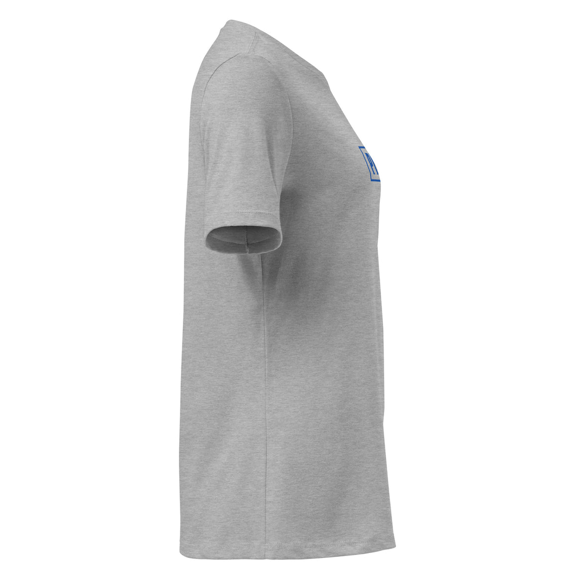 Gray t-shirt with a small blue logo on the chest against a white background