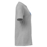 Gray t-shirt with a small blue logo on the chest against a white background