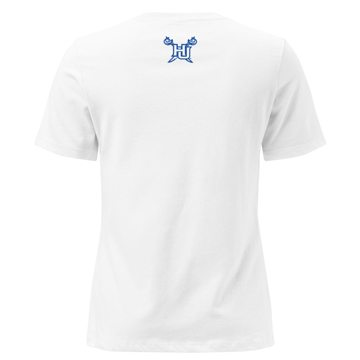 White t-shirt with a blue HU logo on a white background