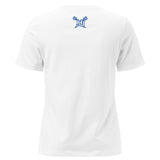 White t-shirt with a blue HU logo on a white background