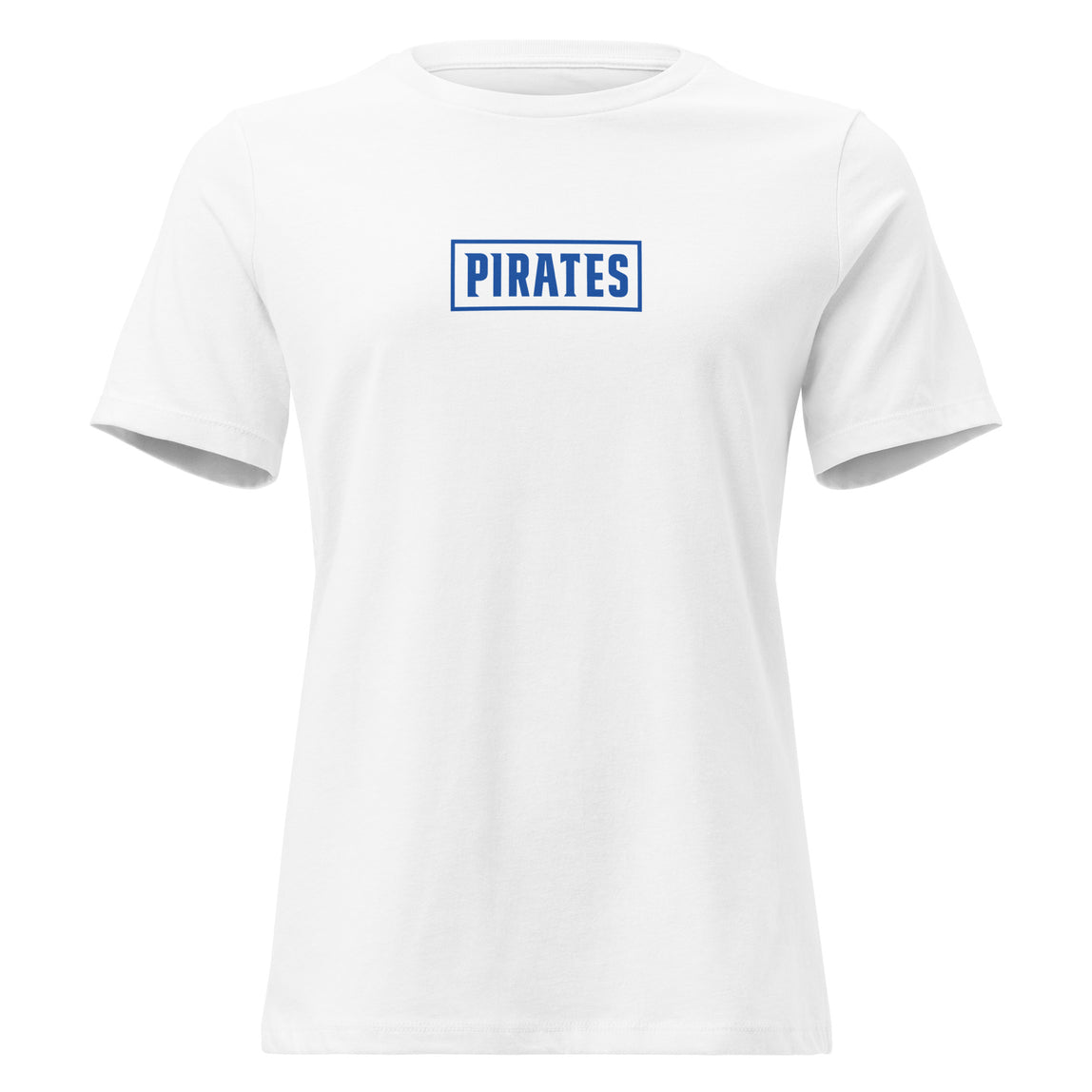 White t-shirt with 'PIRATES' text on a white background