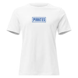 White t-shirt with 'PIRATES' text on a white background