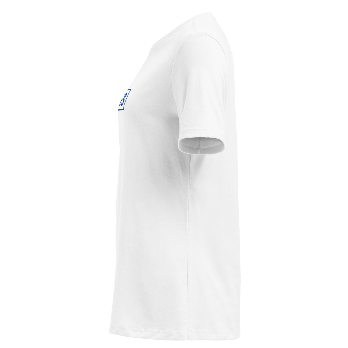 Side profile of a white t-shirt on a white background.