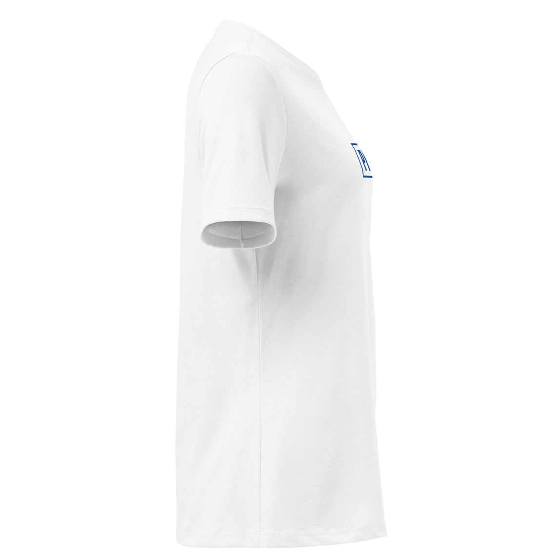 Side profile of a white t-shirt on a white background.