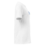 Side profile of a white t-shirt on a white background.
